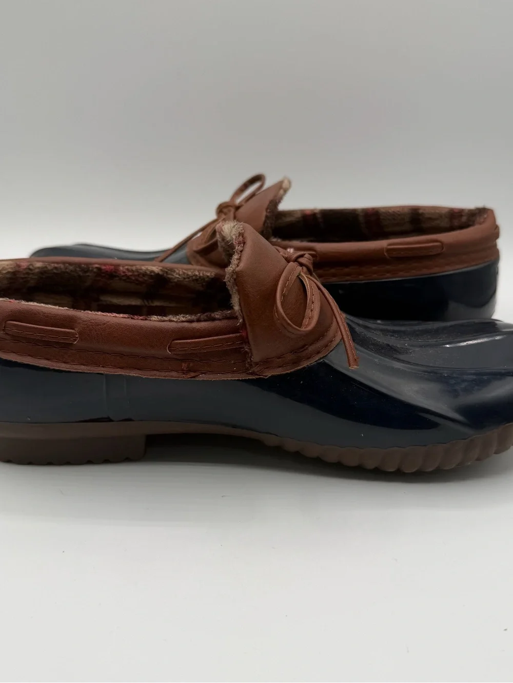 Jessica Carlyle Helene Duck Rain Clogs Plaid Lined Women’s 10 Navy Brown